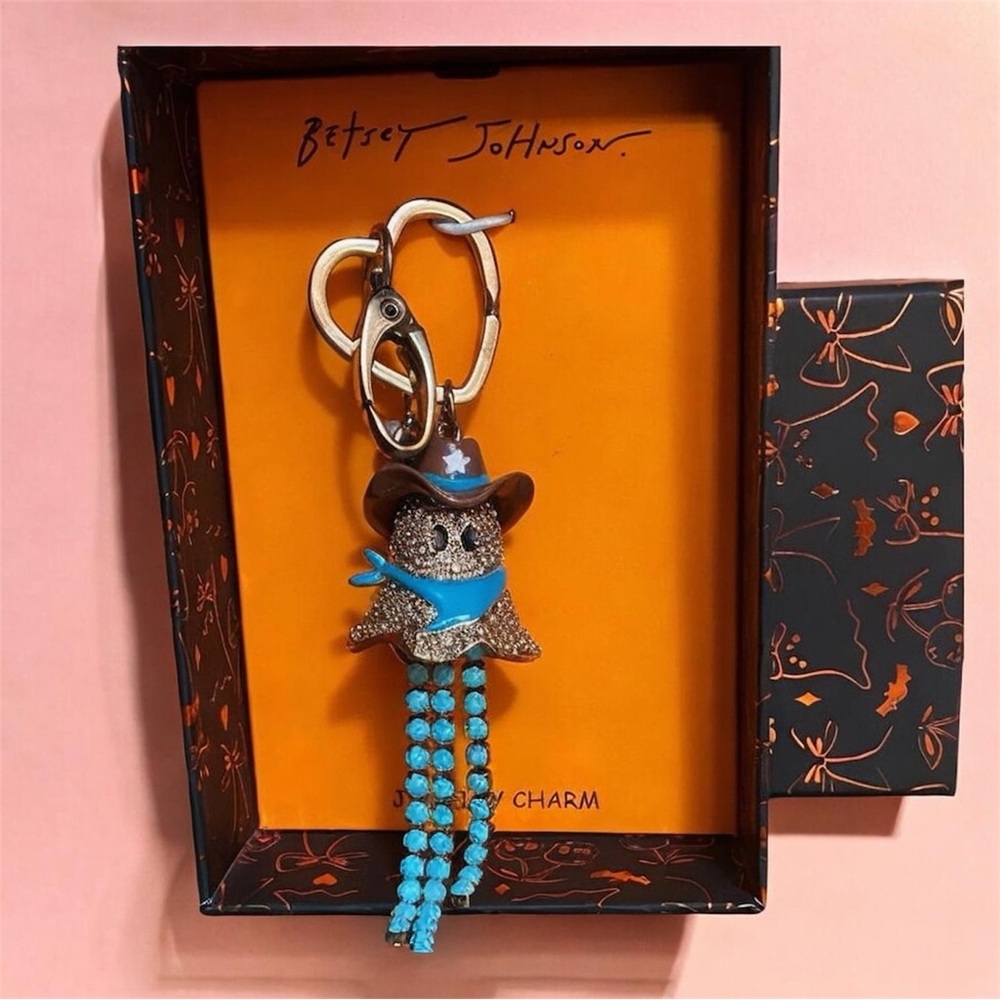 Betsy Johnson Happy Cowgirl/Cowboy Rhinestone Ghost Keychain/Bag charm NEW